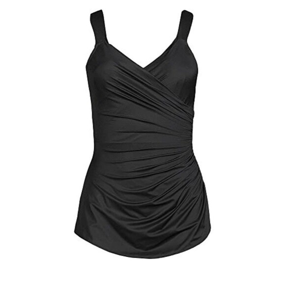 Lands' End Womem Slender V-Neck Tunic 1 Piece Swimsuit Size Black Regular 10 New - Picture 2 of 4